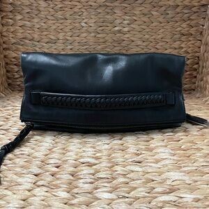 Frye Jenny‎ Fold Over Black Leather Clutch Magnetic Close Flap with Whipstitch